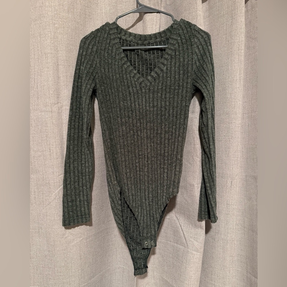 Ribbed V-Neck Dark Green Sweater Bodysuit